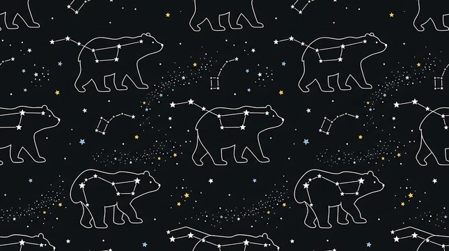 Seamless celestial bear constellation pattern on dark night sky