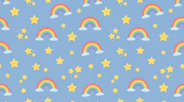 Seamless pattern with cute rainbows and stars on blue background