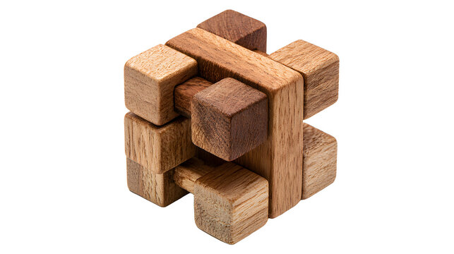 Wooden burr puzzle white background, interlocking brain teaser for problem solving and spatial reasoning skills