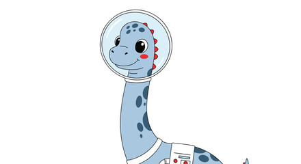 Cute blue long neck dinosaur wearing a space helmet and an astronaut suit as it explores the galaxy in a whimsical cartoon illustration. © Ryan