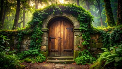 Fototapeta premium Ancient Wooden Church Door with Stone Arch Entrance in Historic Garden Setting, Vintage Architecture and Antique Medieval Gateway Detail