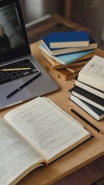Messy study desk with books and laptop