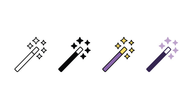 Four colorful magic wands with sparkling stars around them icons