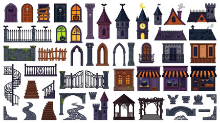 A large assortment of architectural elements, including doors, windows, gates, and building facades, is displayed for creating haunted or gothic structures. © MSTMANWARA