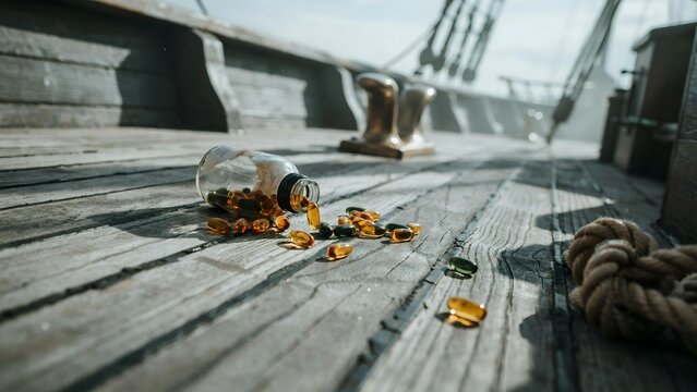 Bottle of pills spilled on wooden ship deck with anchor and ropes in background