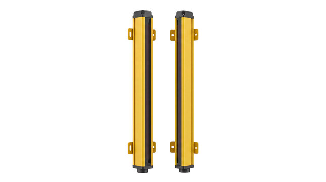 Pair of yellow and black industrial safety light curtains png isolated on transparent background