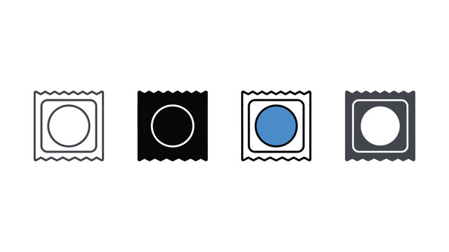Four different colored condom wrapper icons on white background