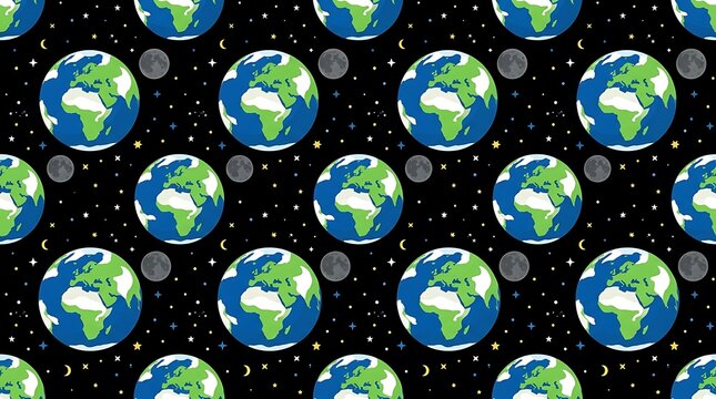 Seamless pattern featuring planets earth and moons in space