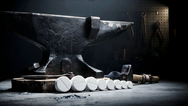 Vintage blacksmith anvil with tools and white chalk sticks in workshop