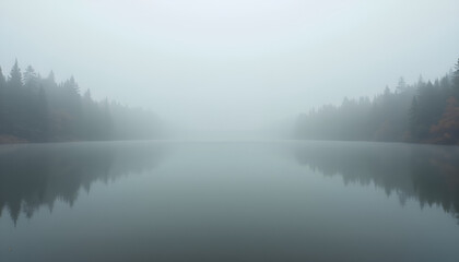 Obraz premium Misty landscape reflecting on a calm lake surrounded by foggy forest