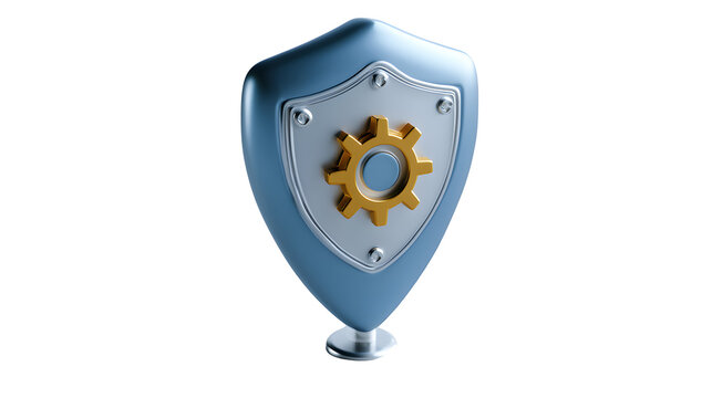 map marker with shield and gear icon denoting security or safety, 3D rendering