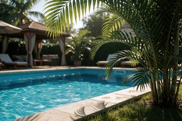 Fototapeta premium Tropical backyard area with blue swimming pool, palm tree leaves in foreground. Elegant patio furniture sits near wooden gazebo under sun. Sunny outdoor living space creates luxury vacation resort