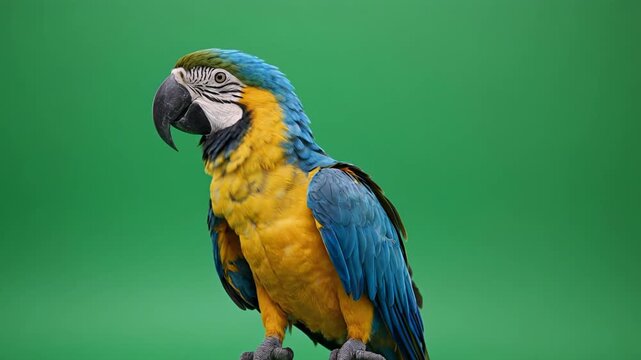 Blue and gold macaw perched on a branch against a green screen with subtle tilt-down camera movement