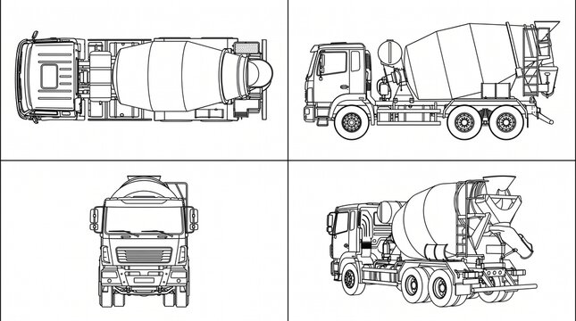 Concrete Mixer Truck Blueprint - Top, Side, Front, and Perspective Views Outline Drawing