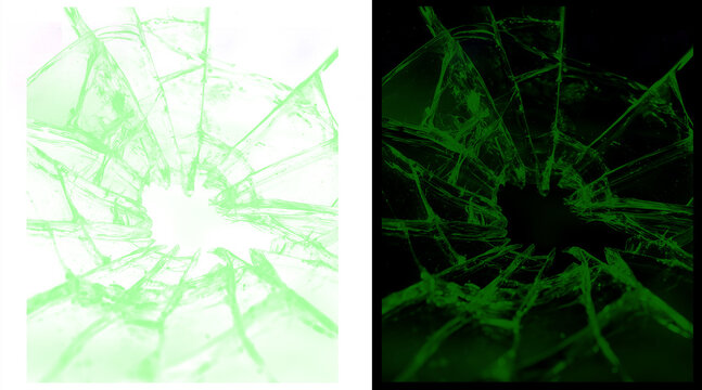 Shattered green glass texture with radial cracks, broken window pane effect on white and black background, damaged glass surface overlay