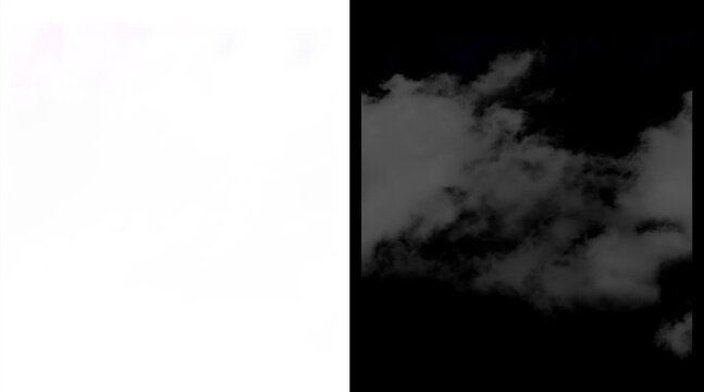 Atmospheric smoke alpha channel and mask, ethereal white fog texture on black background, misty cloud overlay for visual effects and compositing