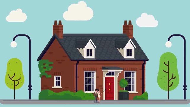 2D Animated Happy Couple Standing in Front Yard of Suburban Brick House Flat Vector Character Animation Footage