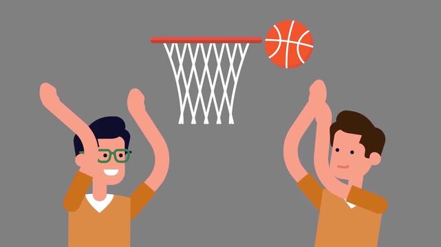 2D Animated Two Basketball Players Jumping to Catch Ball at Basketball Hoop Flat Vector Character Animation Footage