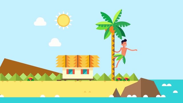 2D Animated Man Climbing Coconut Palm Tree on Tropical Island Beach Coast Flat Vector Character Animation Footage