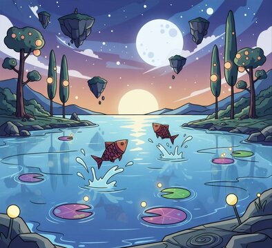 alien planet earth,Fantasy Landscape Vector Illustration with Jumping Fish and Floating Islands under Full Moon
