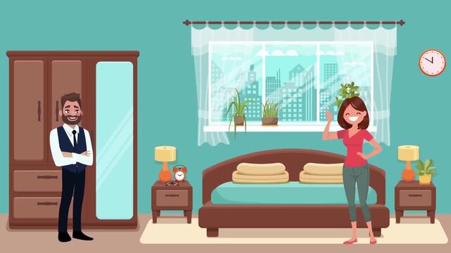 2D Animated Woman Standing in Modern Decorated Bedroom Interior Beside Bed Flat Vector Character Animation Footage