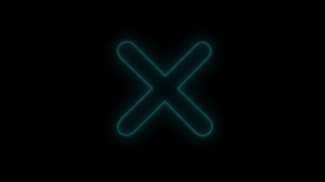 Glowing neon cyan cross mark icon with vibrant light effects, symbolizing error, cancel, wrong, or close actions. motion graphic 4k loop..