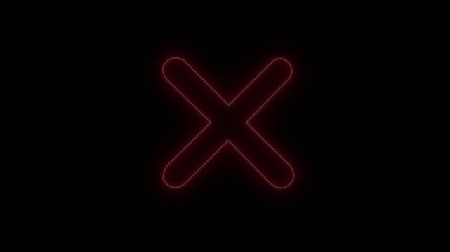 Glowing neon red cross mark icon with vibrant light effects, symbolizing error, cancel, wrong, or close actions. motion graphic 4k loop..