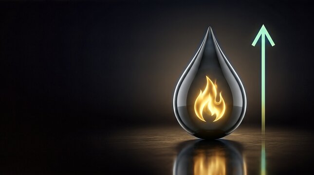 Black oil drop with a flame symbol inside, illuminated against a dark background, with an upward arrow indicating rising prices or demand for oil and energy resources