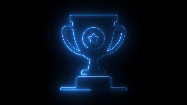 Glowing blue neon trophy animation on black background, for success and, achievement concepts