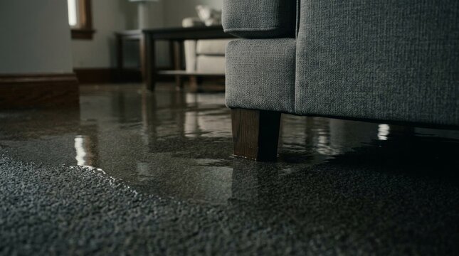 Water damage flooding on residential carpet flooring.