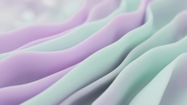 パステルラベンダーとミントのマットな流体が斜めに折り重なり緩やかな波状の起伏を描く抽象動画