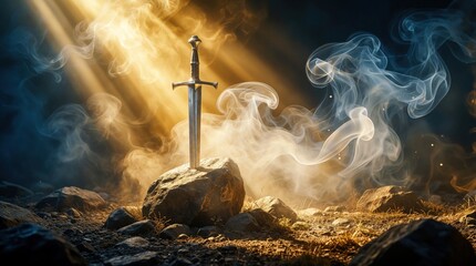 Fototapeta premium Silver sword stuck inside heavy rock. Ancient steel blade embedded in stone with golden light rays. Fantasy weapon symbol of magic power strength, courage. Dark mysterious atmosphere with thick smoke