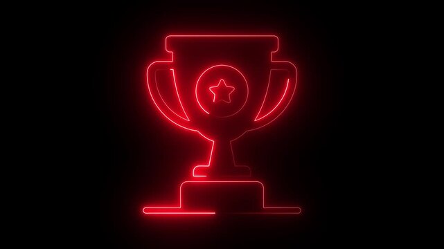 Glowing red neon trophy animation on black background, for victory and, success concepts