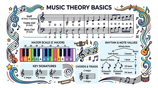 Educational poster explaining music theory fundamentals and symbols