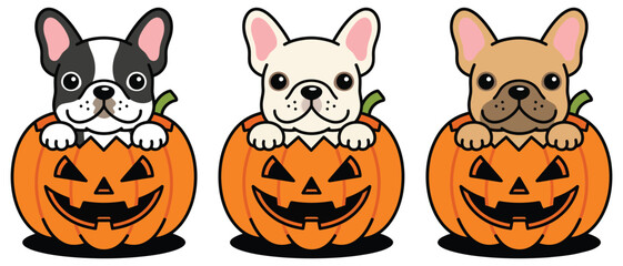 Naklejka premium Cute french bulldog puppies sitting inside halloween pumpkins, vector illustration of funny dogs in jackolanterns, festive autumn holiday design
