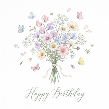 Watercolor birthday bouquet with wildflowers and butterflies on a white background. Perfect for cards and spring designs.