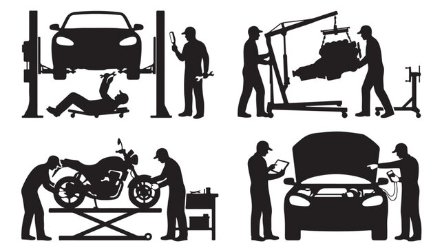 Automotive mechanic silhouettes set, car repair shop service icons, professional garage technicians fixing engine and motorcycle, vector illustration