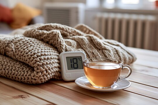 Warmer Tee und Wolldecke bei 18 Grad Raumtemperatur