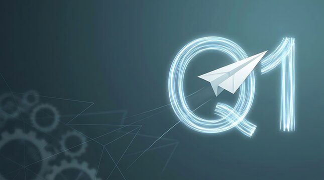 Paper airplane flying through glowing q1 text representing business growth