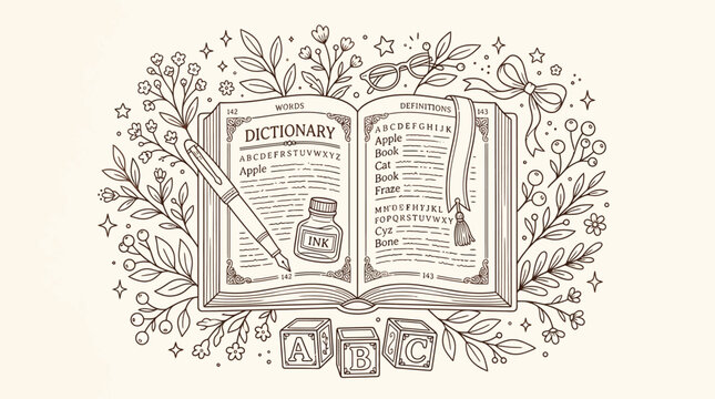 An artistic sketch of an open dictionary surrounded by floral elements, a pen, ink bottle, glasses, and ABC blocks, evoking a sense of learning and literature.