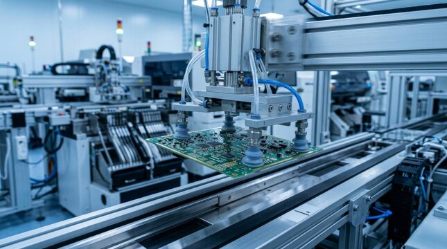 Automated Printed Circuit Board Assembly Line in Modern Electronics Factory.
