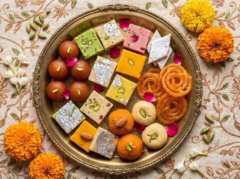 Traditional Indian sweets and snacks arranged on a decorative platter.