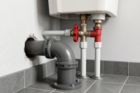 Toilet cistern pipes and waste outlet pipe connection under the tank. Water supply lines and drain assembly visible on tiled bathroom floor near wall.