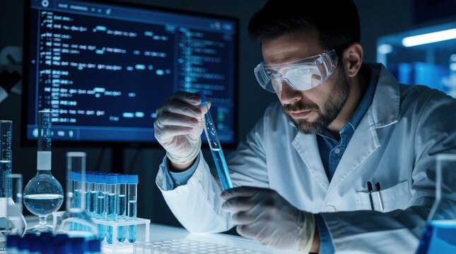 Male scientist works in dark high tech lab using protective glasses. Pro researcher studies blue liquid sample in test tube for genetic medical project. Monitor background shows complex data code.