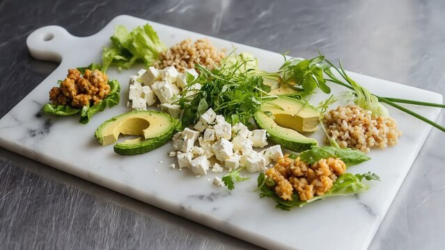 Fresh ingredients arranged on marble cutting board