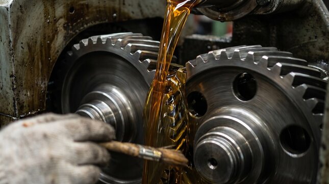 Close-up of industrial gears meshing with oil lubrication in a factory setting.