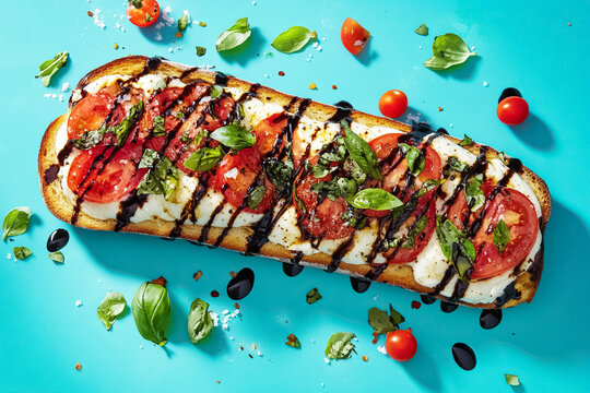 Caprese Bruschetta with Balsamic and Basil Garnish