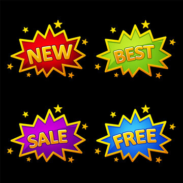 Casino Burst Labels Set with New, Best, Sale and Free Vector Icons