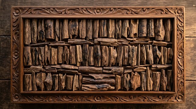 Decorative wood frame filled with natural agarwood pieces