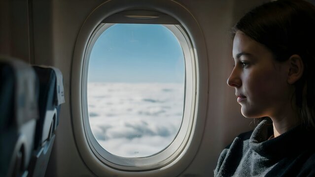 Woman Traveling on Airplane Looking Out Window with Clouds and Sky View